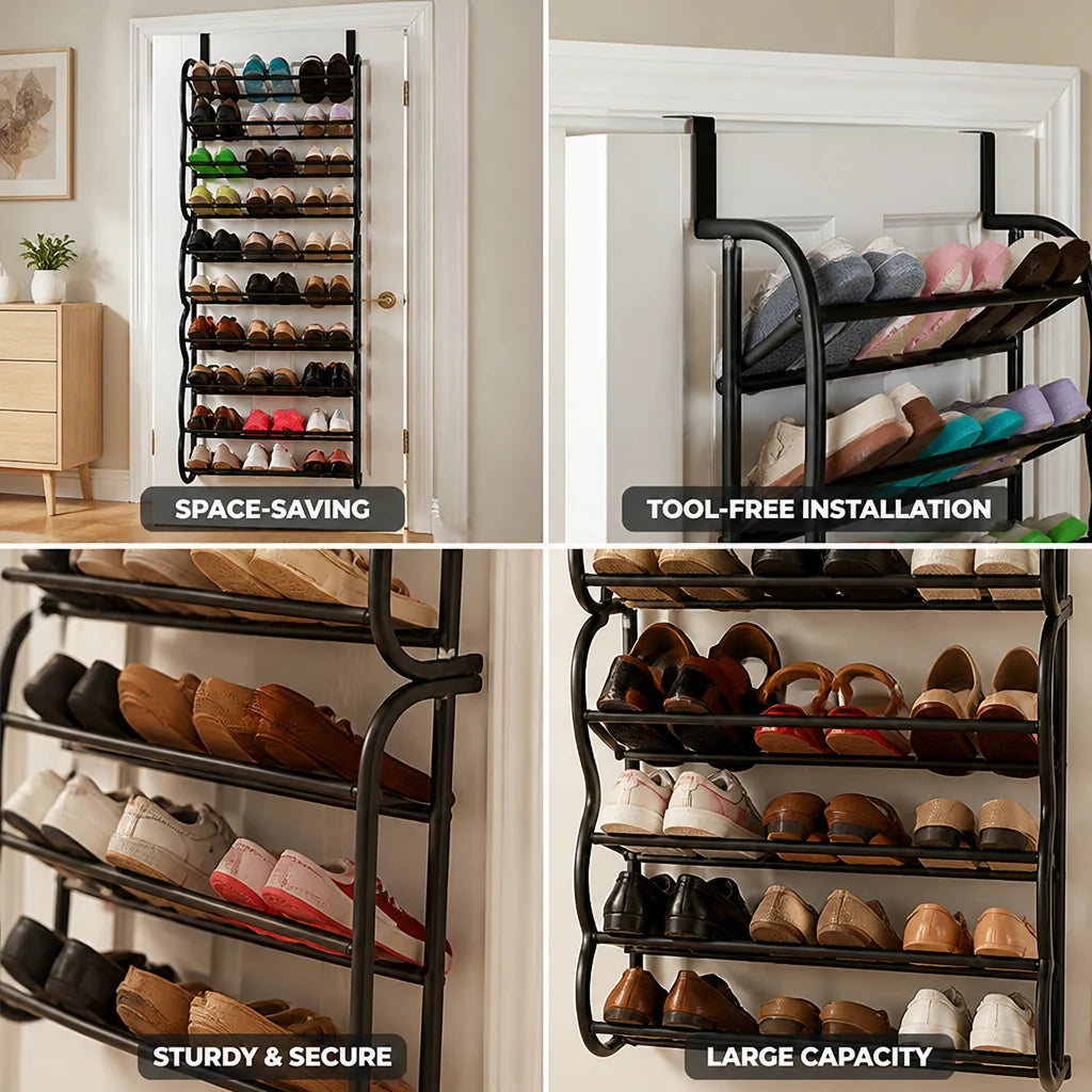 Space-saving, tool-free metal shoe rack for hanging over the door