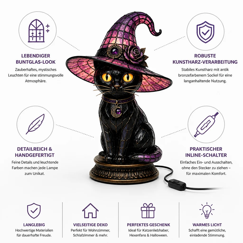 Table lamp with stained glass effect, gothic witch cat