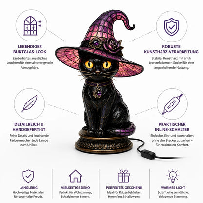 Table lamp with stained glass effect, gothic witch cat