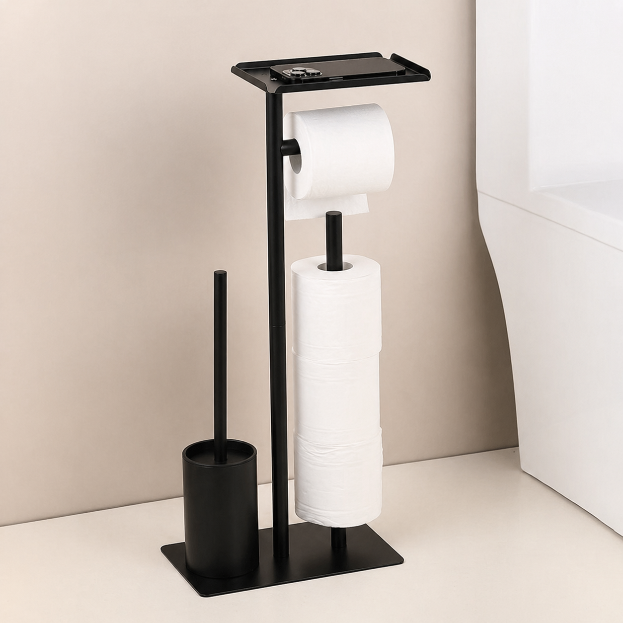 Toilet Paper Holder with Brush & Shelf