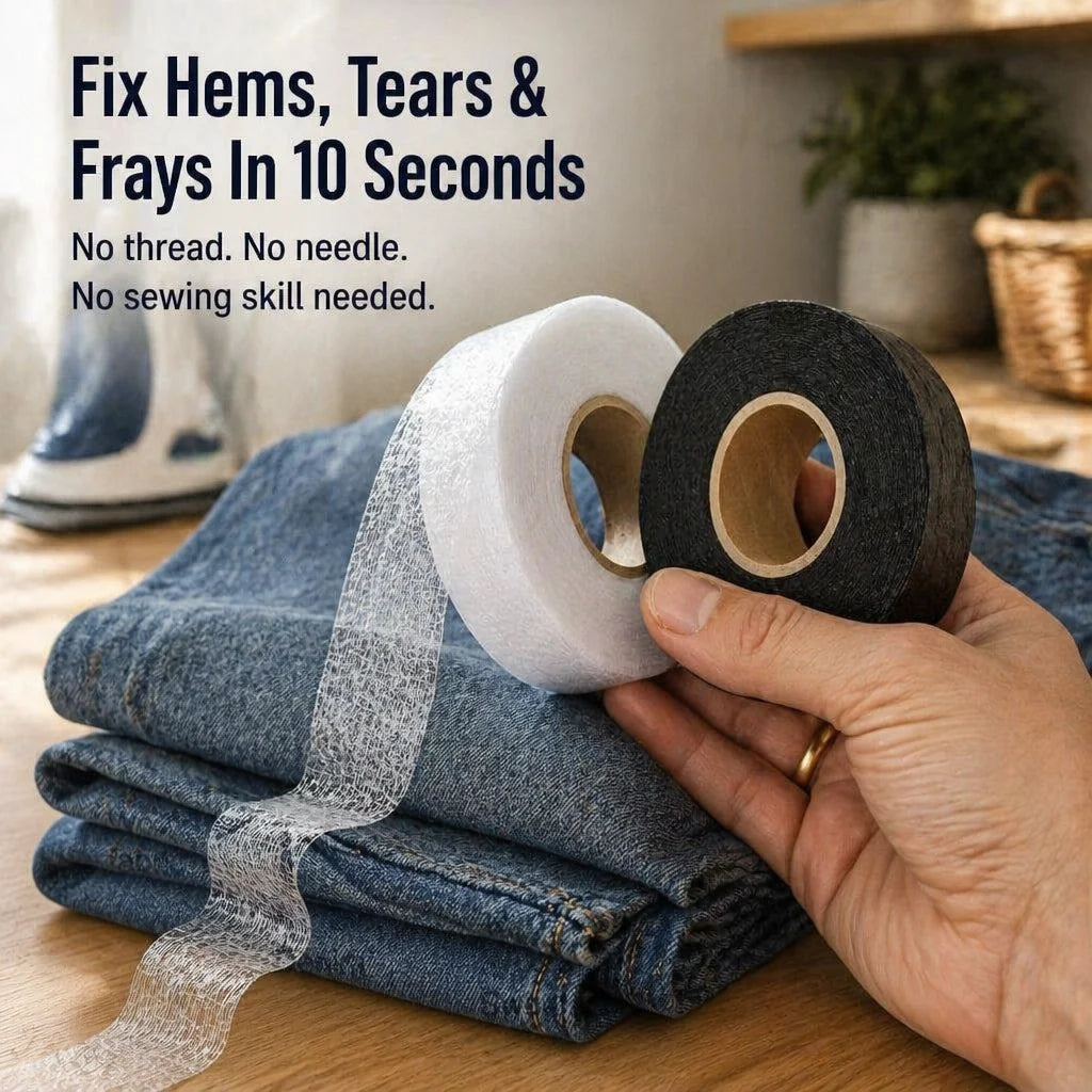 Iron-on adhesive tape – repair tears & hems in 10 seconds