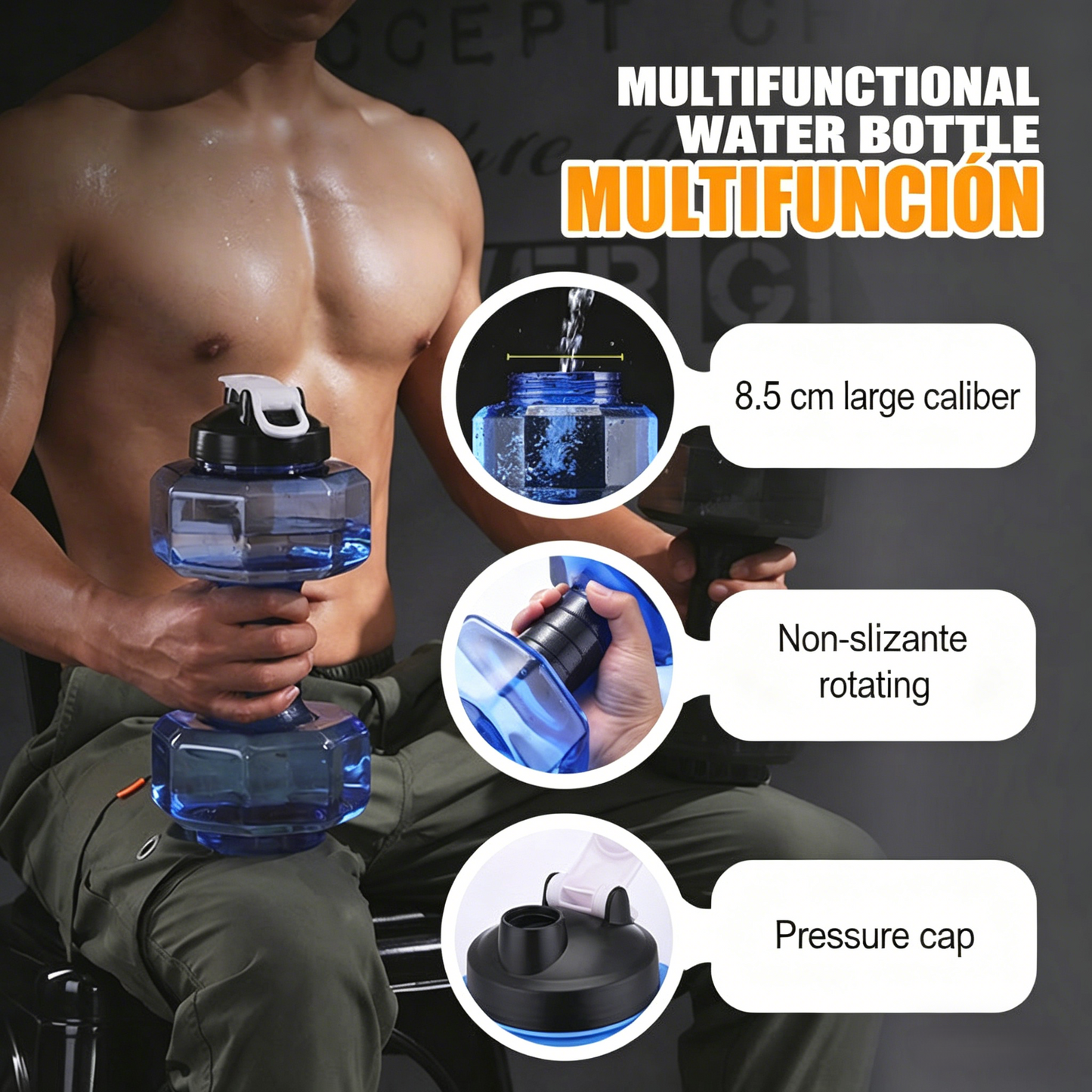 Dumbbell-shaped BPA-free drinking bottle with flip lid