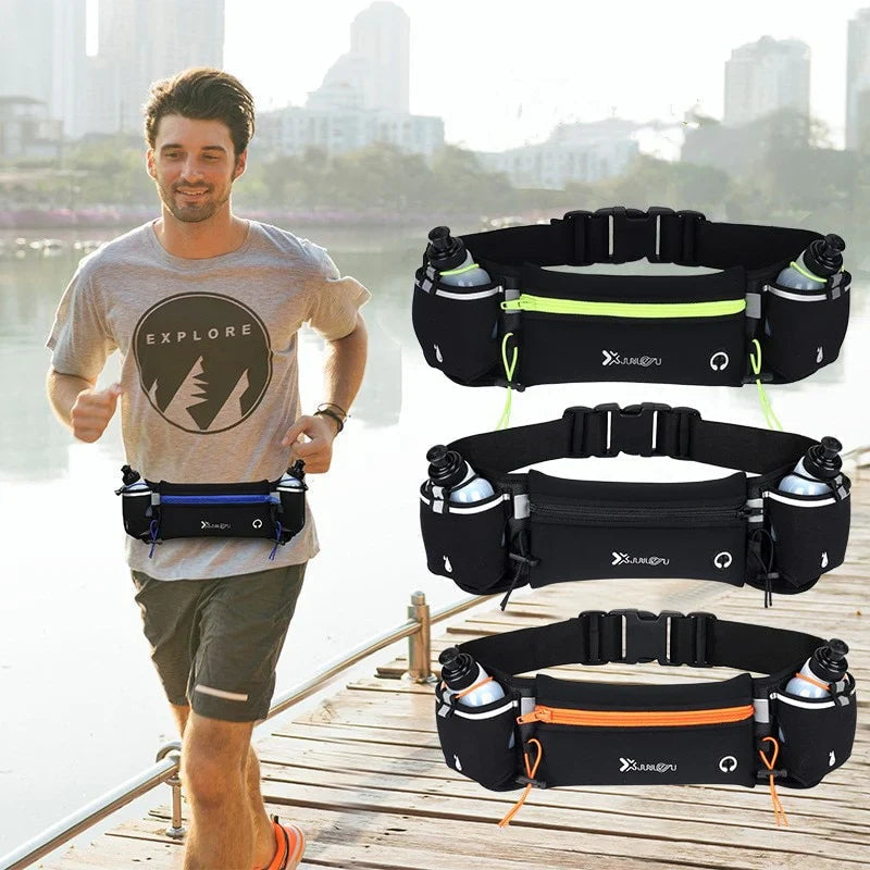 Running belt with water bottles for hands-free hydration