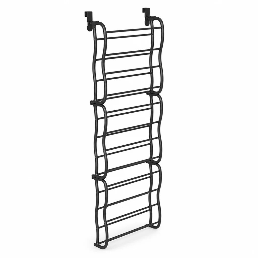 Space-saving, tool-free metal shoe rack for hanging over the door