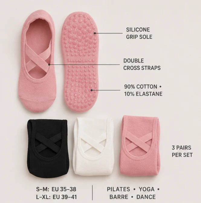 Pilates Socks with Non-Slip Grips – Set of 3