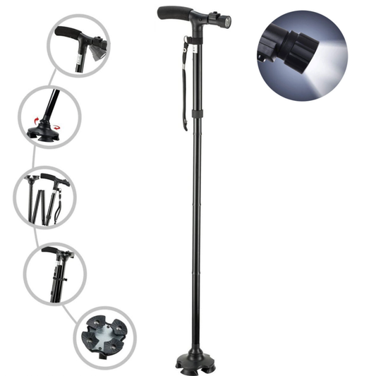 Height-Adjustable Walking Stick with 4-Point Base
